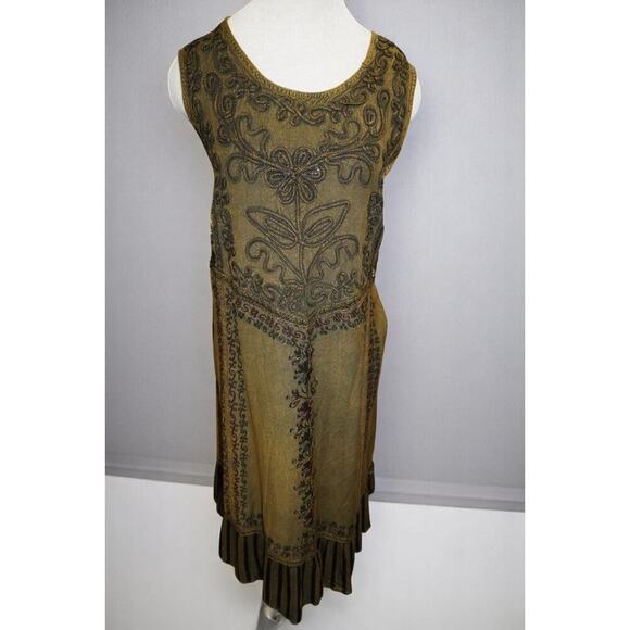 Rainbow Olive Green Embroidered Boho Drop Waist Dress – One Size - Picture 1 of 5
